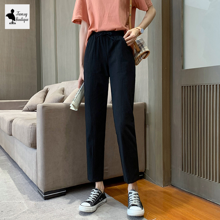 Quần baggy nữ vải đũi xước Hàn mặc cực mát
