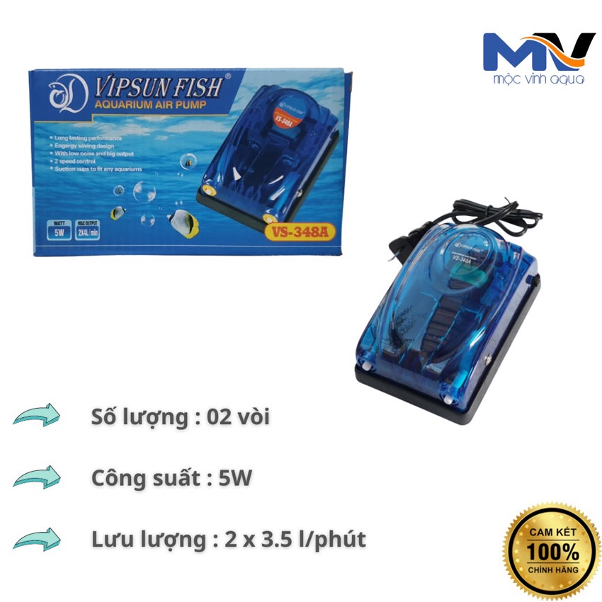 Máy sủi oxy hồ cá 2 vòi Vipsun siêu êm, nhỏ gọn