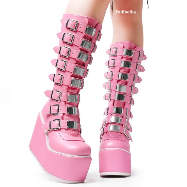 Black Pink Women Platform Boots Shoes Punk Gothic Chunky Shoes Wedges High Heels Autumn Winter Knee High Boots Women Y2K Shoes