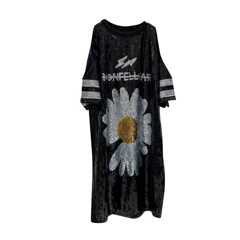RYRYSTYLE Fashionable mid length large edition loose fitting new sequin off shoulder top small daisy short sleeved T-shirt for women