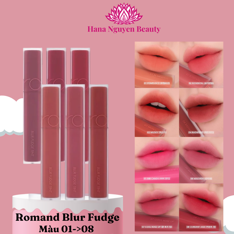 Son tint kem lì Romand Blur Fudge Tint màu 01-08 lên màu chuẩn bền màu lâu trôi 4.4g