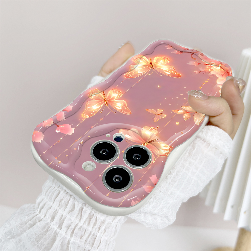 FELMYST for Redmi 14C Back Cover Pink Butterfly Cream Texture Wavy Edge Soft Silicone Phone Case.