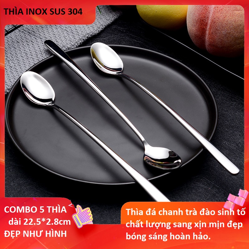 INOX 304 Set 5 Thìa Cán Dài COCKTAIL CAFE SIÊU XỊN 22.5cm- (Bao test Nam Châm)-MUỖNG Dày Dặn Sáng Bóng.- UỐNG SINH TỐ TRÀ ĐÀO HÀNG CAO CẤP NHẬP KHẨU .