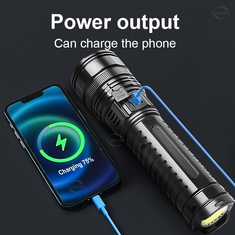 Đèn pin LED công suất cao 1000W Zoom 5000m tầm xa đèn Flash Đèn pin sạc USB Đèn pin Led cực mạnh