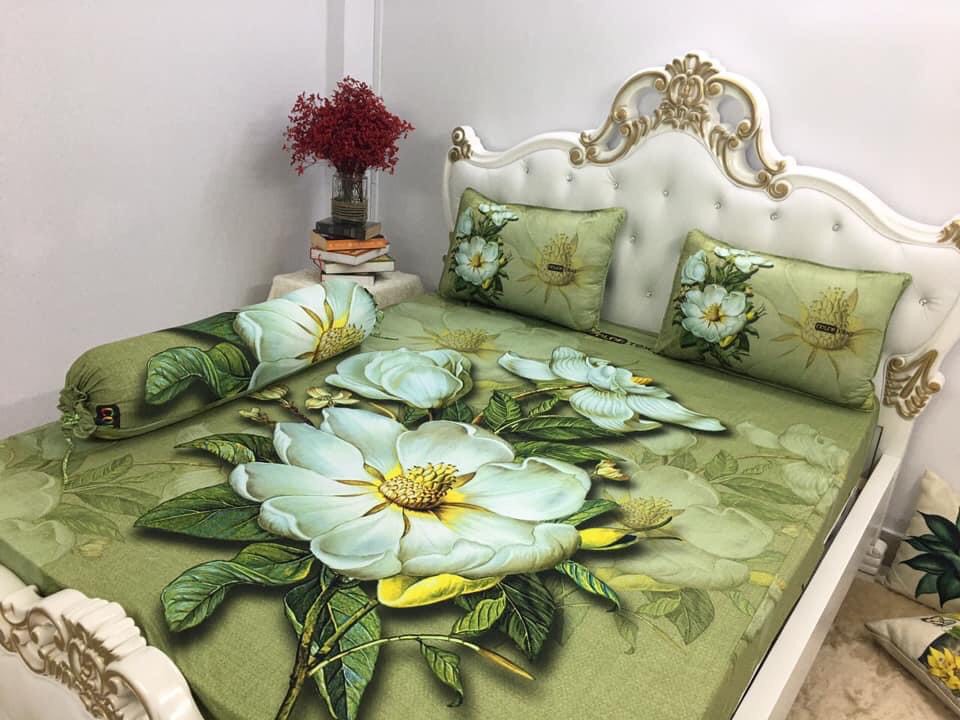BỘ DRAP GA THUN Ý 5D CAO CẤP MẪU HOA MÁT LẠNH 4 MÓN