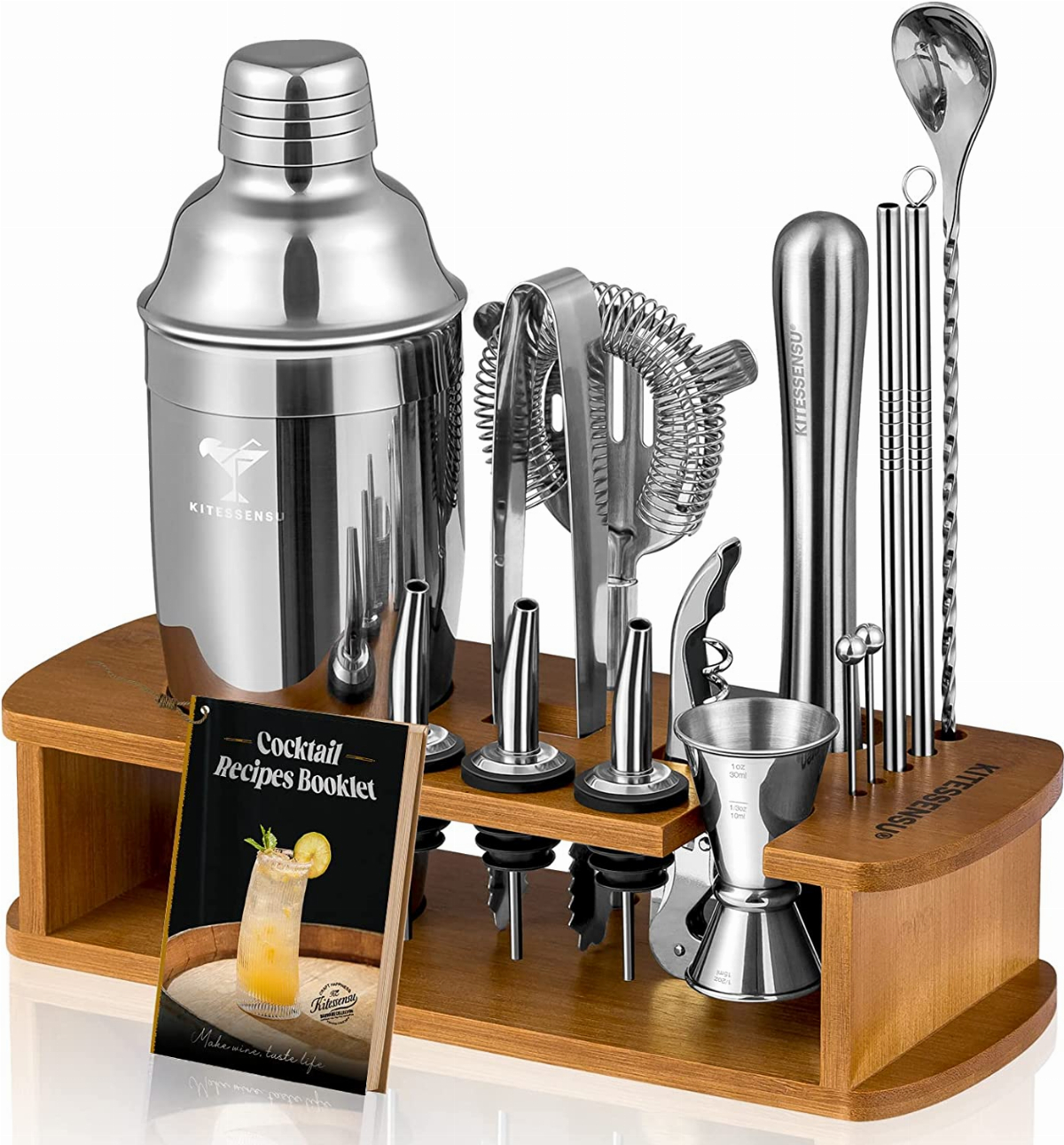 KITESSENSU Cocktail Shaker Set Bartender Kit with Stand Bar Kit Drink  Mixer Set with All Essential Bar Accessory Tools: Martini Shaker, Jigger,  Strainer, Mixer Spoon, Muddler, Liquor Pourers |Silver Silver Cobbler