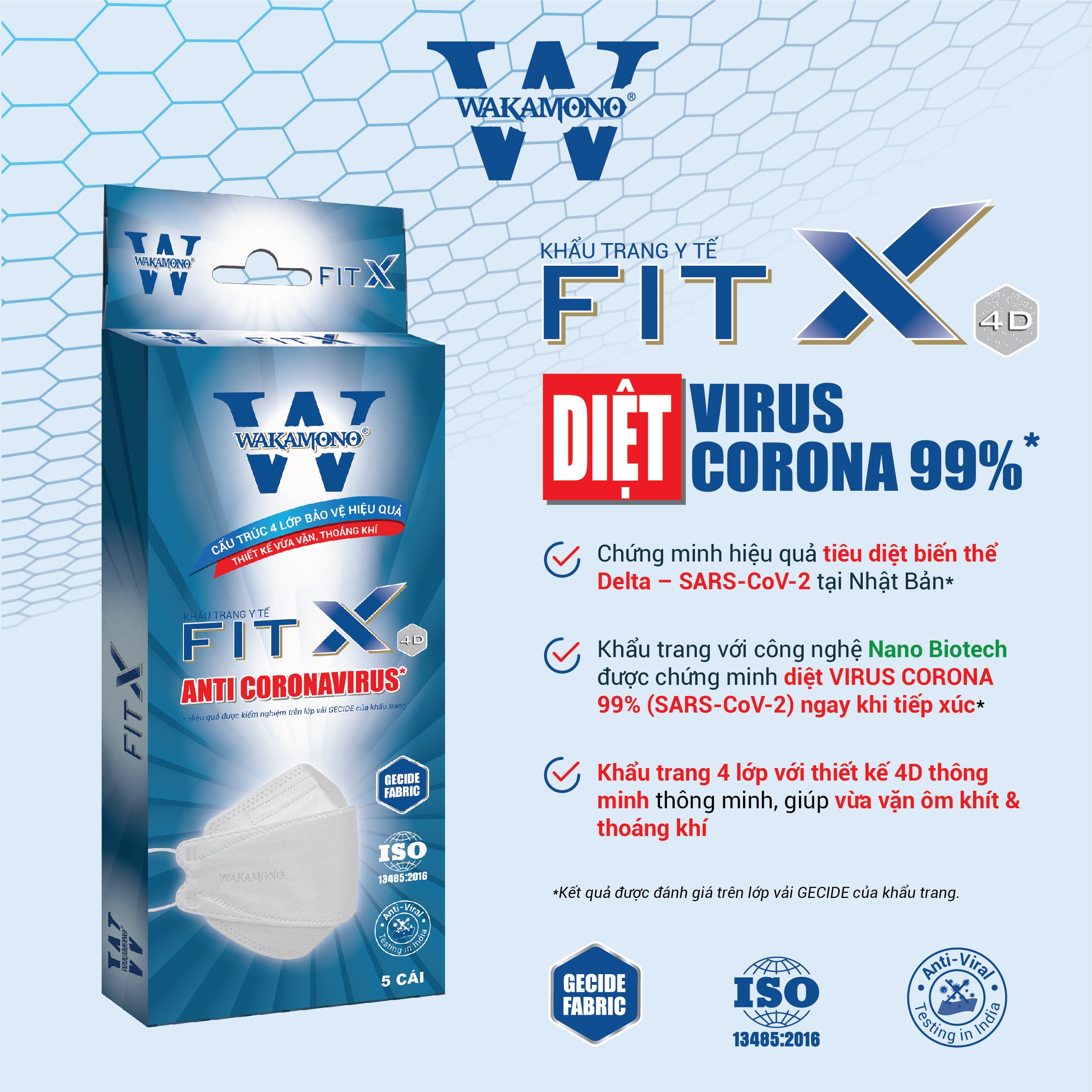 Khẩu trang Wakamono FIT X 4D - (4 lớp, hộp 5 cái)