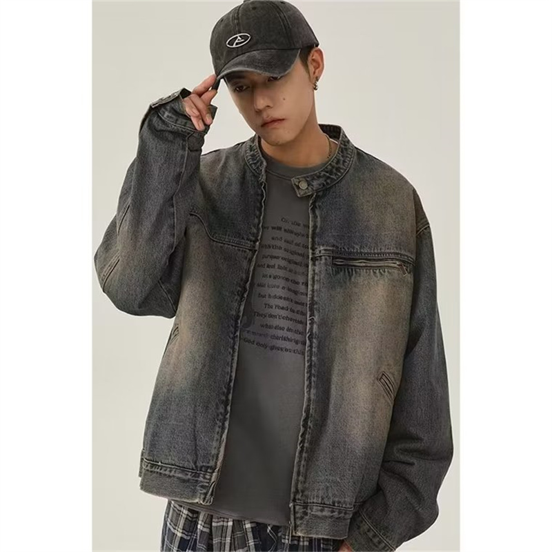 MOLAN Men's vintage distressed denim jacket Loose couple size zippered jacket