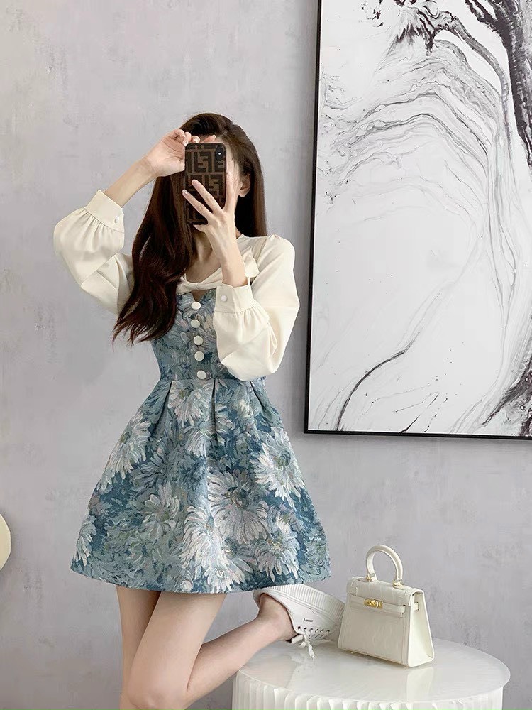 Đàm ford in hoa xanh hàng thiết kế chuẩn size xinh lung linh ld22