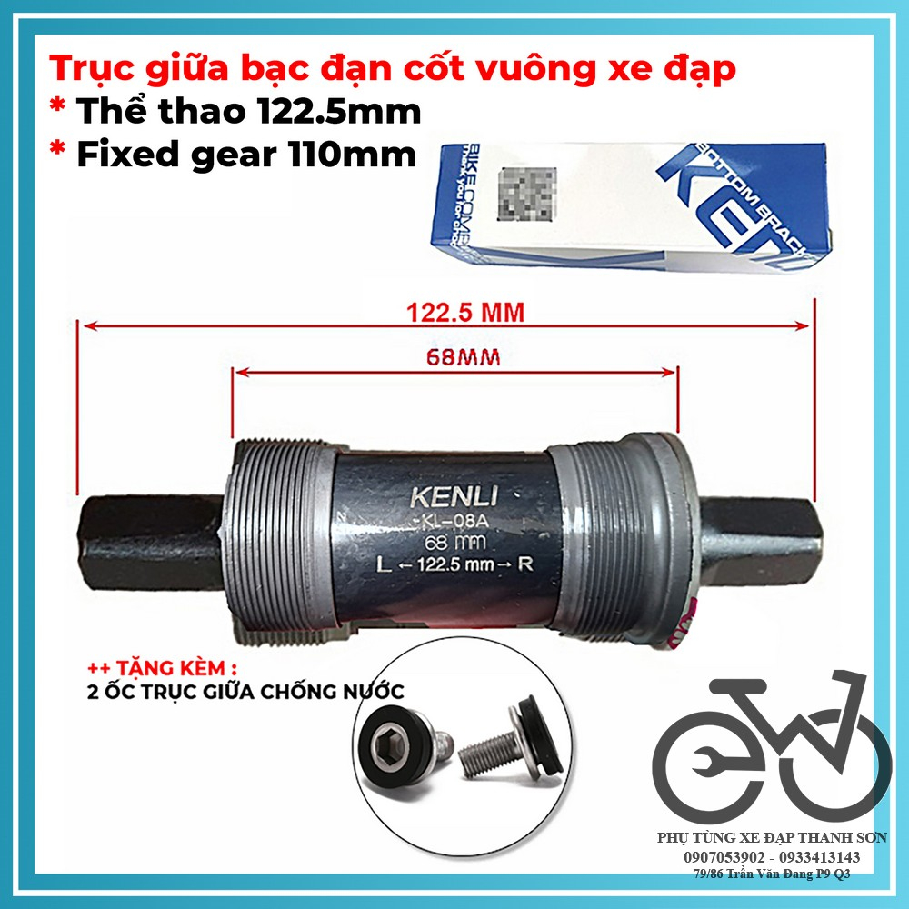 Trục giữa bạc đạn cốt vuông xe đạp thể thao 122.5mm, xe fixed gear 110mm