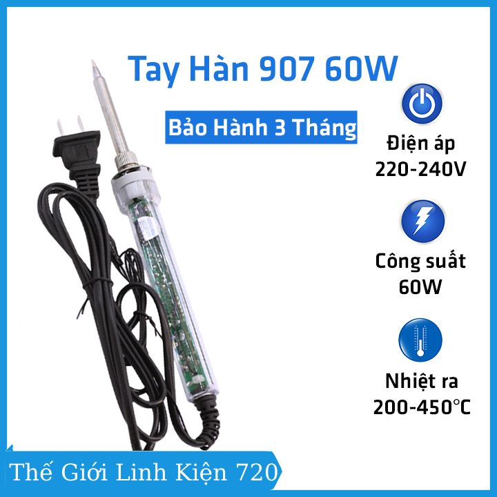 Tay hàn 907, mỏ hàn no.907 220v - 60w có điều chỉnh nhiệt độ, phích cắm 2 chấu, bảo hành 3 tháng