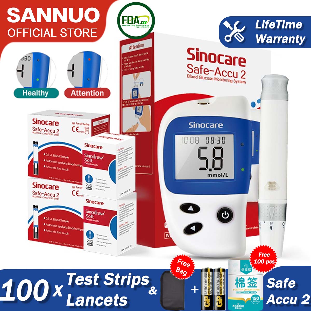 Sannuo Sinocare Safe Accu2 Blood Glucose Mester Diabetes Tester Kit