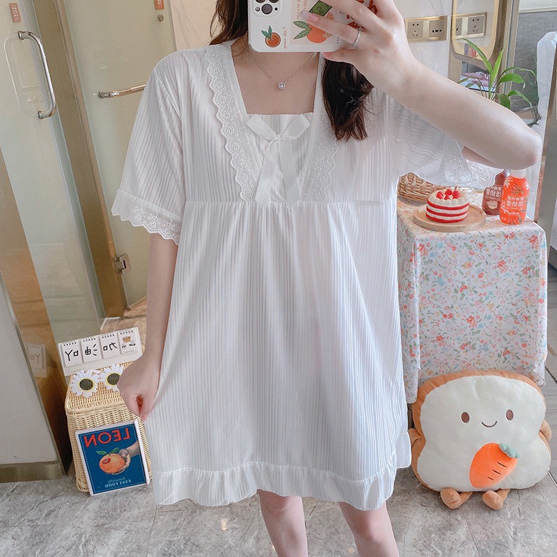 Đầm Ngủ Nữ Mặc Nhà Kẻ Sọc Nơ Lụa Ren Cực Dễ Thương