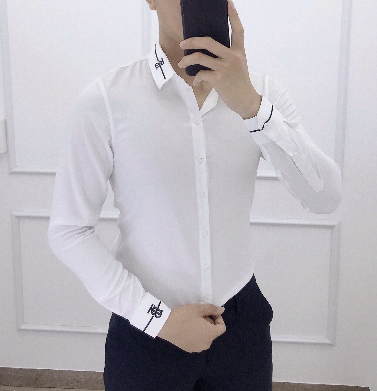 Áo Sơ Mi Nam Trắng Họa Tiết Vải Lụa Kate Thái