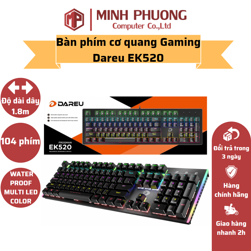 Bàn phím quang cơ Gaming DAREU EK520 (Chống nước, Optical switch, MULTI LED)