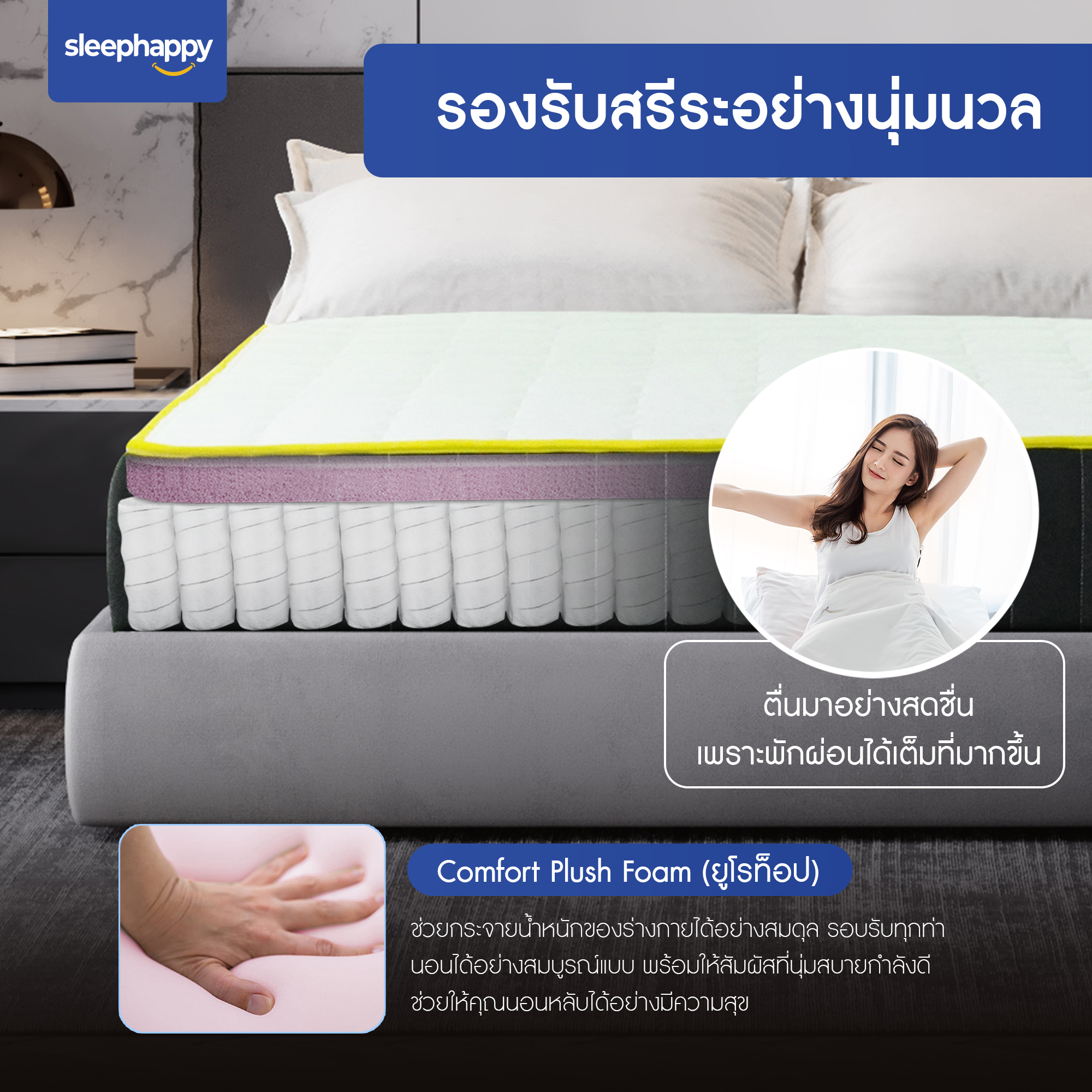 SleepHappy รุ่น Vibe แน่น) ที่นอนพ็อกเก็ตสปริงในกล่อง ที่นอนเพื่อสุขภาพ หนา10นิ้ว ส่งฟรีทั่วไทย