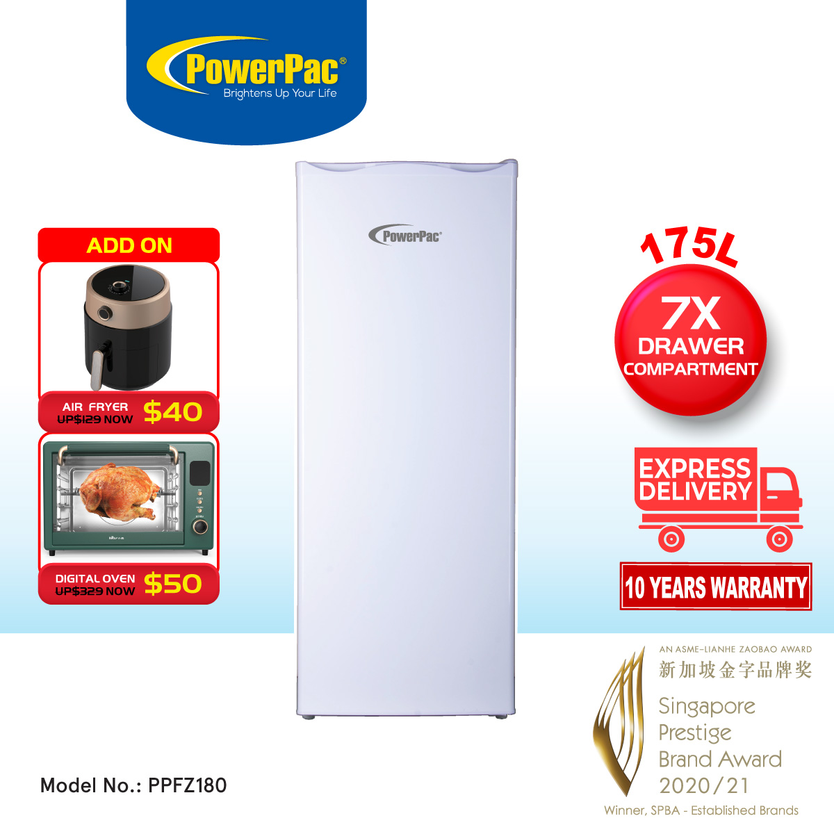 PowerPac Chest Freezer, Upright freezer, Freestanding Freezer 175L