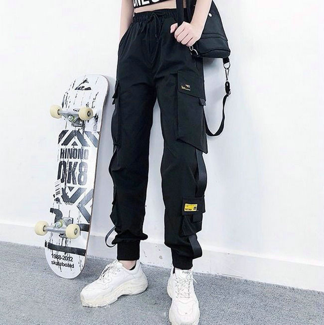 Black Cargo Pants Women Chain Wide Leg Hiphop Streetwear Women Pants Loose  Female Baggy Oversize Korean Style Trousers