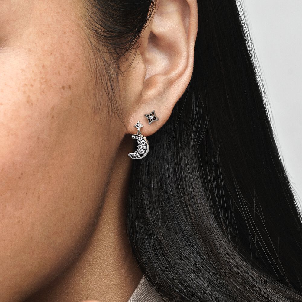 New Pandora Sparkling Crescent Moon and Star Stud Earrings 292782C01