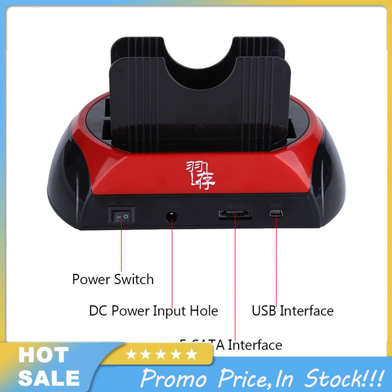 Dual Slots SATA Hard Drive Docking Station Card Reader for 2.5" 3.5" HDD