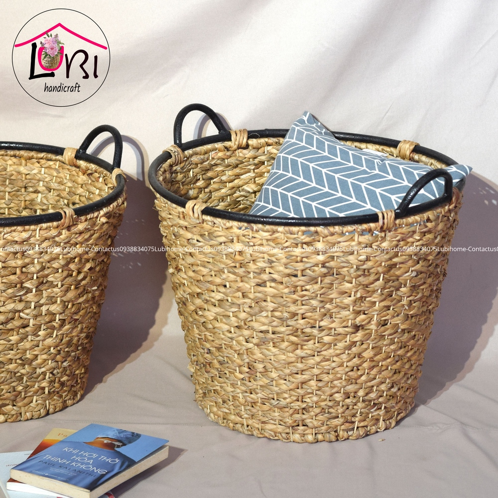 Round water hyacinth baskets with vintage iron handles