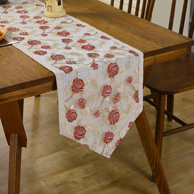 Linen embroidered table runner wedding Chinoiserie style red classical table cloth lace tea table cloth luxury decorative tablecloth TV cabinet coffee table cloth lace dust cover