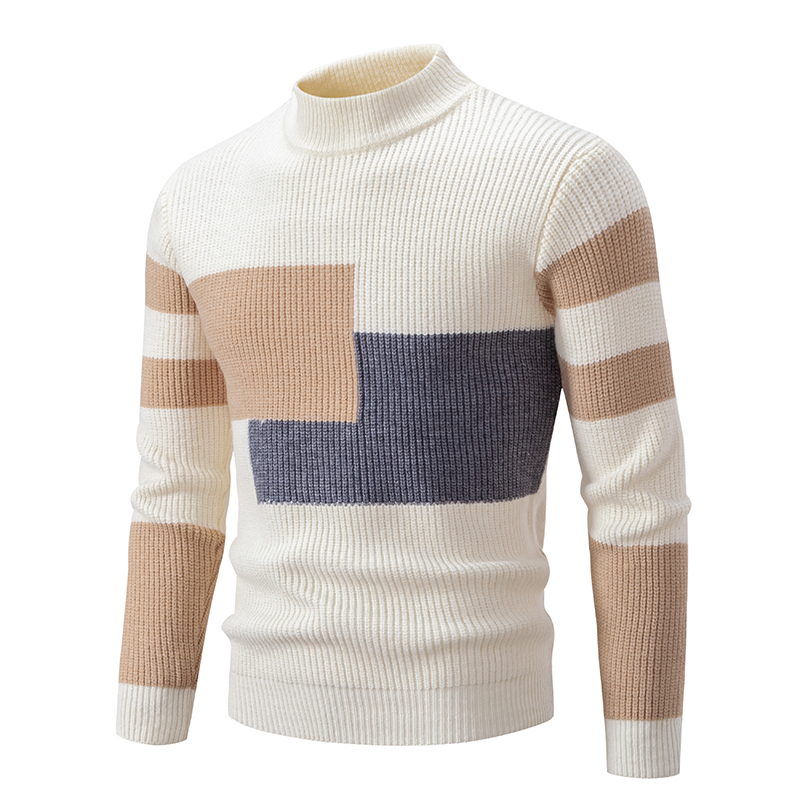 Men's Pullover Sweater Color Block Design Crew Neck Long Sleeve Knit Pullovers Winter Slim Sweater
