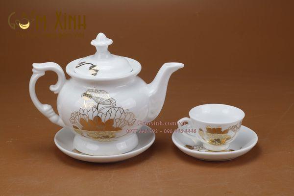 Bộ ấm chén Bát Tràng Phú Quý sen khóm vàng kim