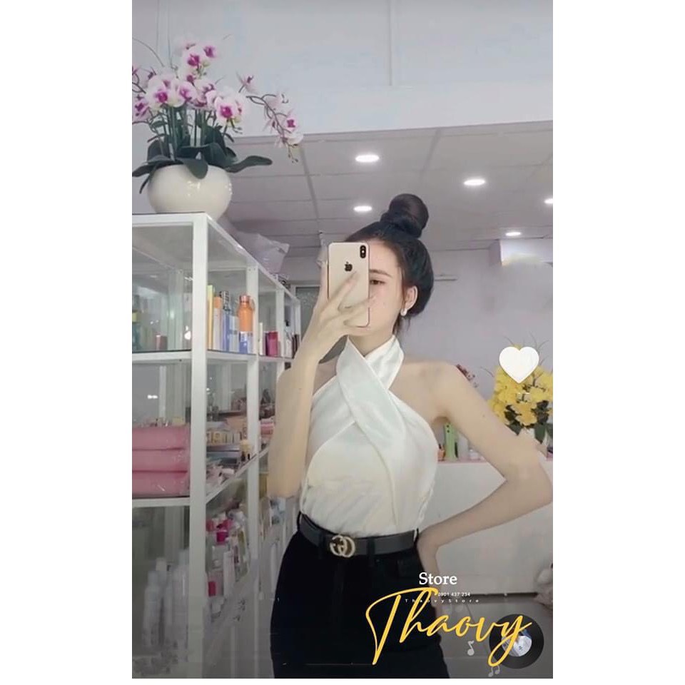 Áo phi lụa cổ yếm - kèm hình thật ,Áo phi lụa cổ yếm xoắn chéo cổ sang chảnh,áo cổ yếm,áo lụa cổ chéo,áo cổ đổ phi lụa hở lưng,áo yêm nữ sexy,