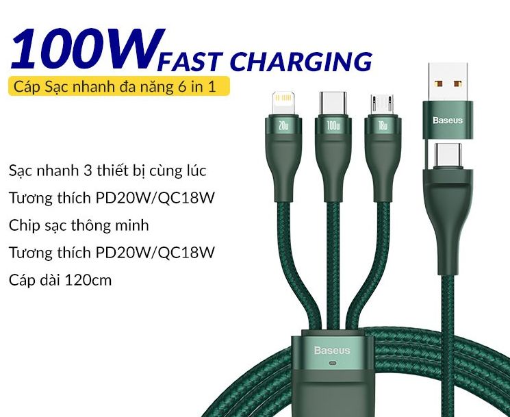 Cáp sạc nhanh 3 đầu Baseus Flash Series 3in1 Plus (USB+ Type C to Micro+Lightning + Type C, 100W Quick Charge and Data)