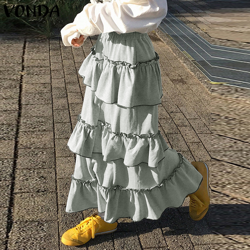 VONDA%20Women's%20Sweet%20Elastic%20Waist%20Multi-layered%20Ruffles%20Overskirts%20Street%20Stylish%20Contrast%20Edge%20Cake%20Skirt%20(Korean%20Causal)%20-%20Image%203