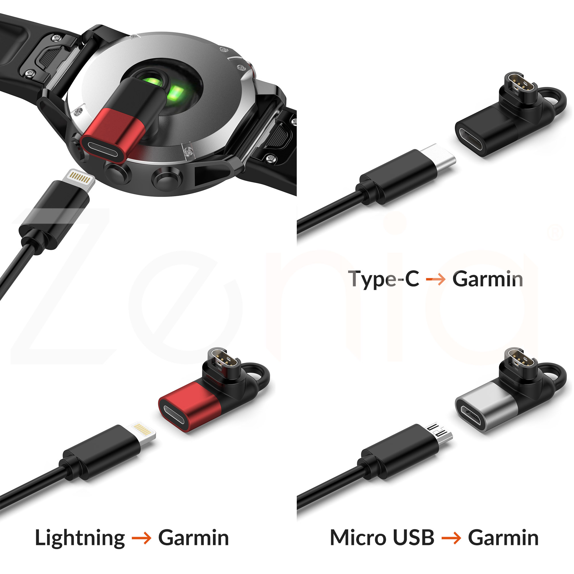 Zenia Bộ chuyển đổi sạc Lightning IOS/Micro USB/Type C sang 4pin Đầu nối bộ sạc chuyển đổi sạc cho Garmin Fenix 8 E 7 7X 6X 6 Sapphire Solar 5X 5 Plus Quatix Enduro 3 Forerunner 970 965 570 Approach S70 S60 S62 Epix Gen 2 Instinct 2X Tactix D2 Delta PX