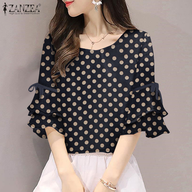ZANZEA%20Korean%20Style%20Womens%20Elegant%20Ruffled%20Sleeve%20Polka%20Dots%20Blouses%20Ladylike%20Round%20Neck%20Lace%20Up%20Design%20Pullover%20-%20Image%204