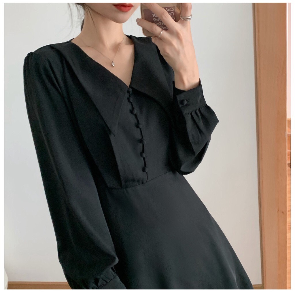 Minz Dress - Đầm tay dài cổ V nút bọc