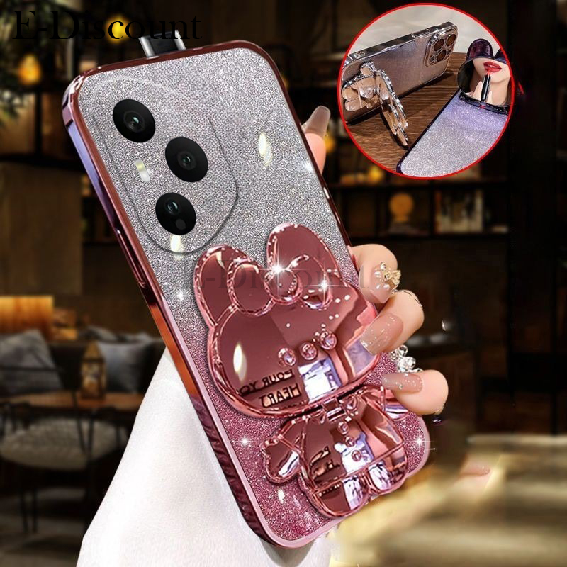 New Phone case Honor400 Pro Back cover Camera Protection Semi Transparent  Soft Silicone Rabbit bracket Shockproof Exquisite Glitter Powder For Honor 