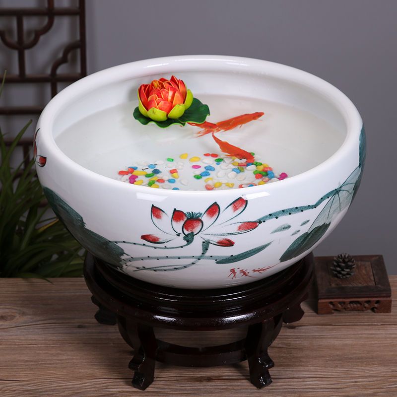 Bể cá gốm sứ jingdezhen miễn phí vận chuyển đồ trang trí để bàn vẽ tay phong thủy bể cá vàng lớn nuôi rùa hoa súng chậu sen