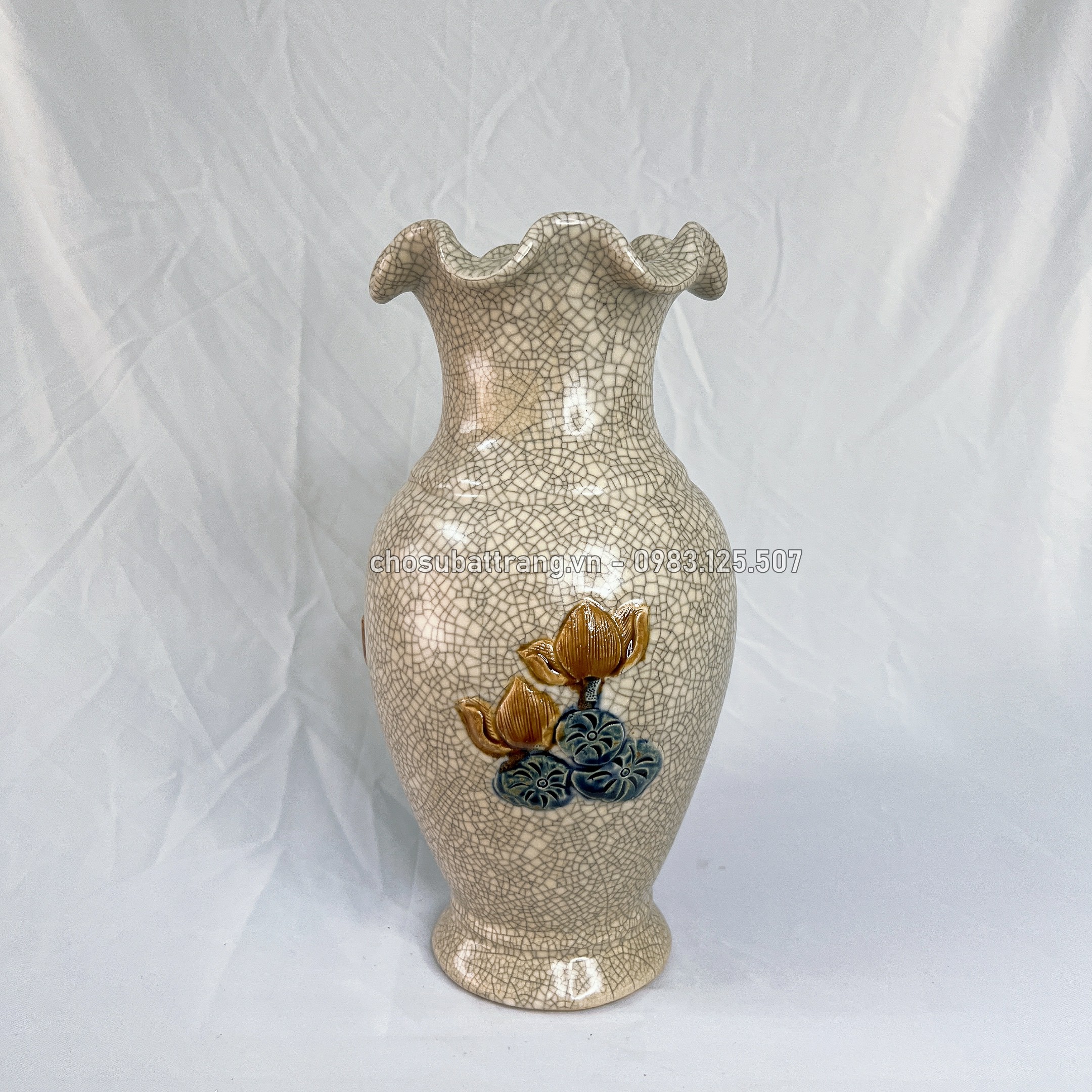 Bat Trang Worship Vase with Cracked Enamel Embossed with Lotus Flowers - Bat Trang Porcelain Market Altar Vase