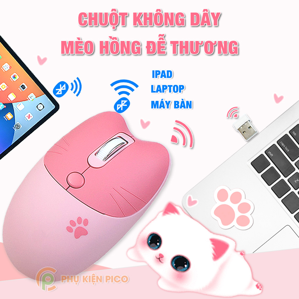 Chuột không dây hồng - Chuột Bluetooth máy tính không dây Wireless dễ thương chân mèo hình thú đối thủ của Logitech
