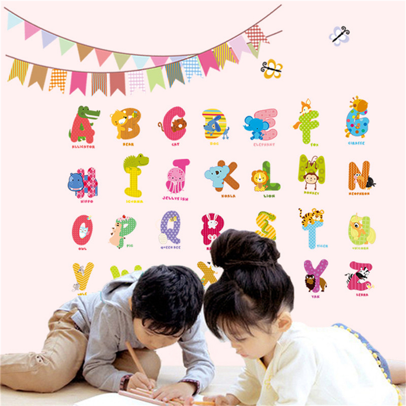 Cartoon Lettering Stickers Cartoon Animal Alphabet Wall Stickers Removable Baby Nursery Decals ...