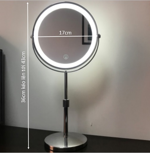 Gương để bàn trang điểm có đèn led cỡ lớn - gương di động có 2 mặt xoay 360 độ và 1 mặt phóng to, khung inox/đồng chắc chắn, sang trọng - phụ kiện trang điểm không thể thiếu của mọi nhà