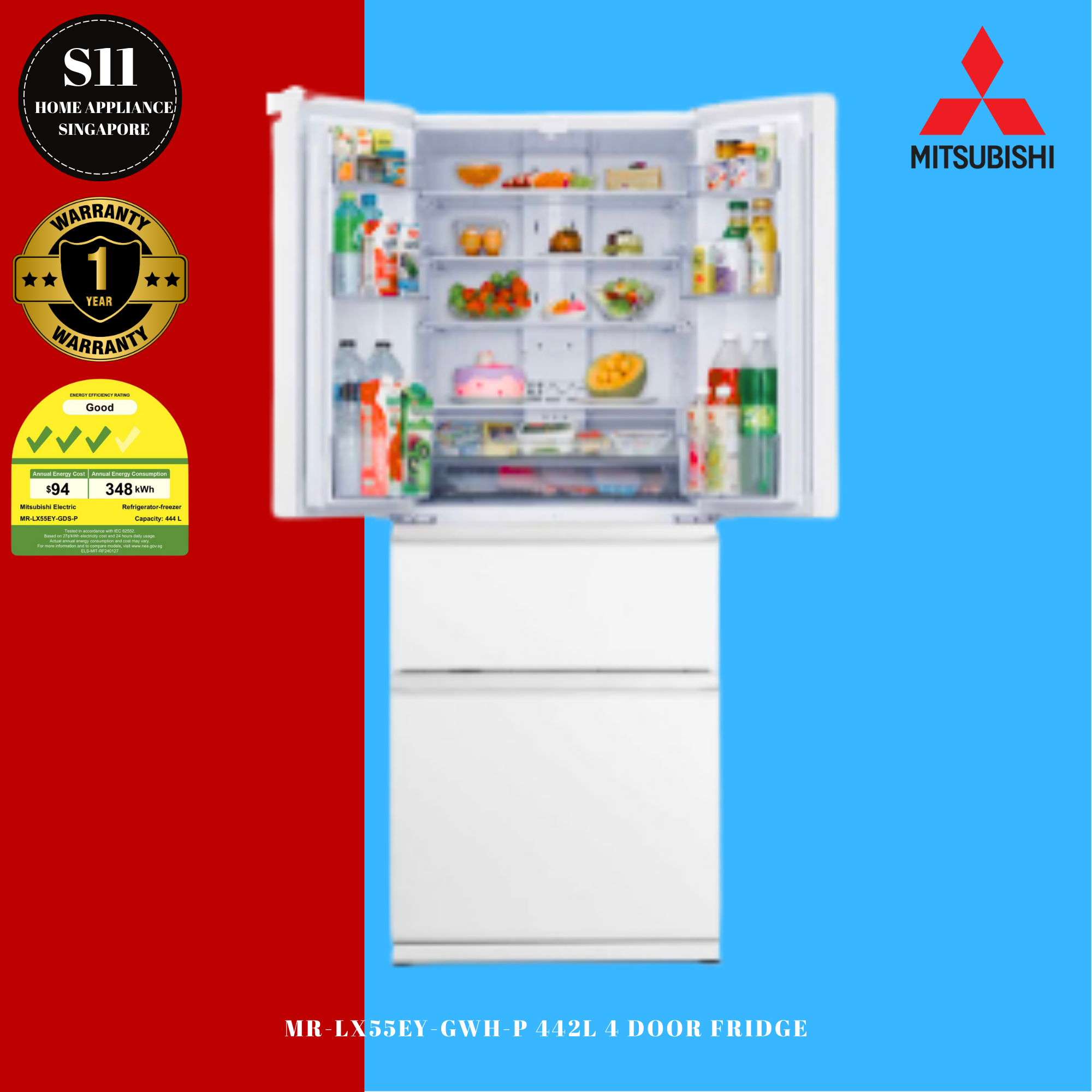 ４個セット MITSUBISHI ELECTRIC Q64TD 1W4537 MITSUBISHI MR-LX55EY 442L 4 DOOR FRIDGE (3 TICKS) + 1 YEAR