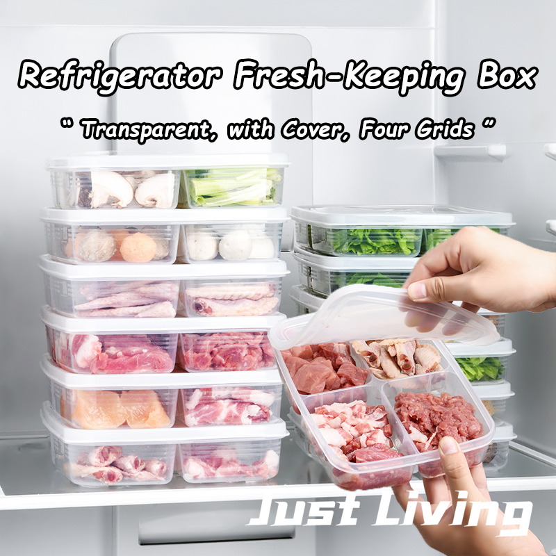 JustLiving Hộp Sắp Xếp Tủ Lạnh 4 Ngăn Trong Suốt Hộp Đựng Có Nắp Hộp Đựng Bảo Quản Giữ Tươi Cho Tủ Lạnh Có Thể Xếp Chồng Bằng PP Cấp Thực Phẩm Hộp Phục Vụ Hành Gừng Và Tỏi Đĩa Thịt Đông Lạnh