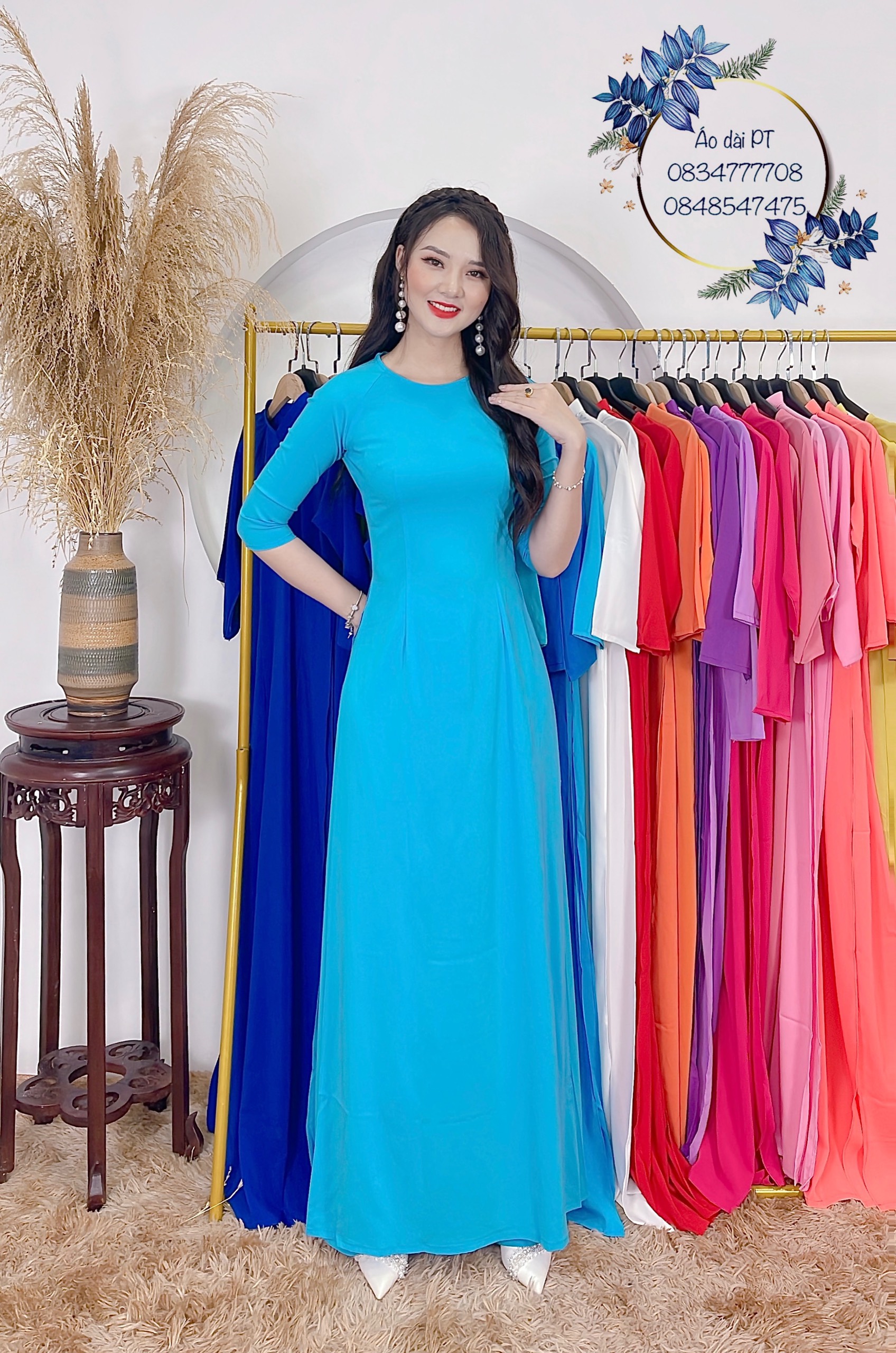 Áo dài dáng truyền thống loại 2 tà mẫu đẹp, giá cực sốc-màu xanh da trời