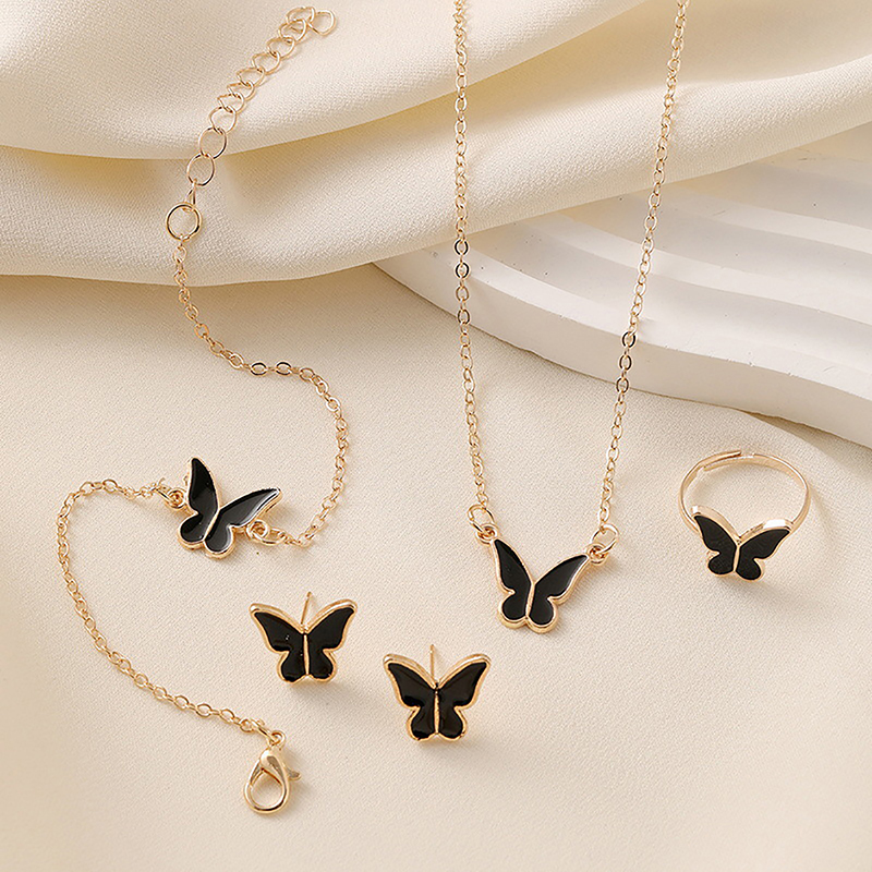 1Set Fashion Exquisite Simple Versatile Butterfly Necklace Bracelet Earrings Ring For Women Girls Wedding Party Jewelry Set Gift Mzea. 