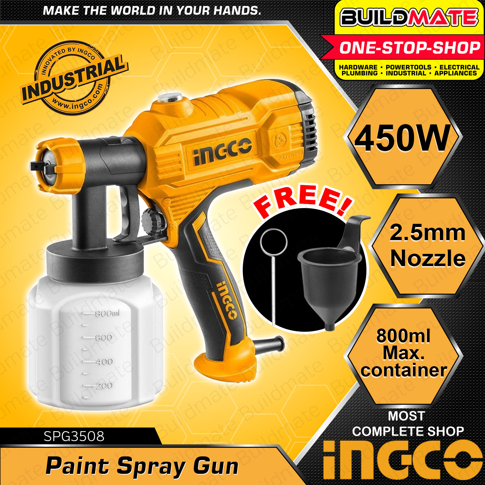 BUILDMATE Ingco HVLP Electric Paint Zoom Spray Gun 450W 20V Cordless