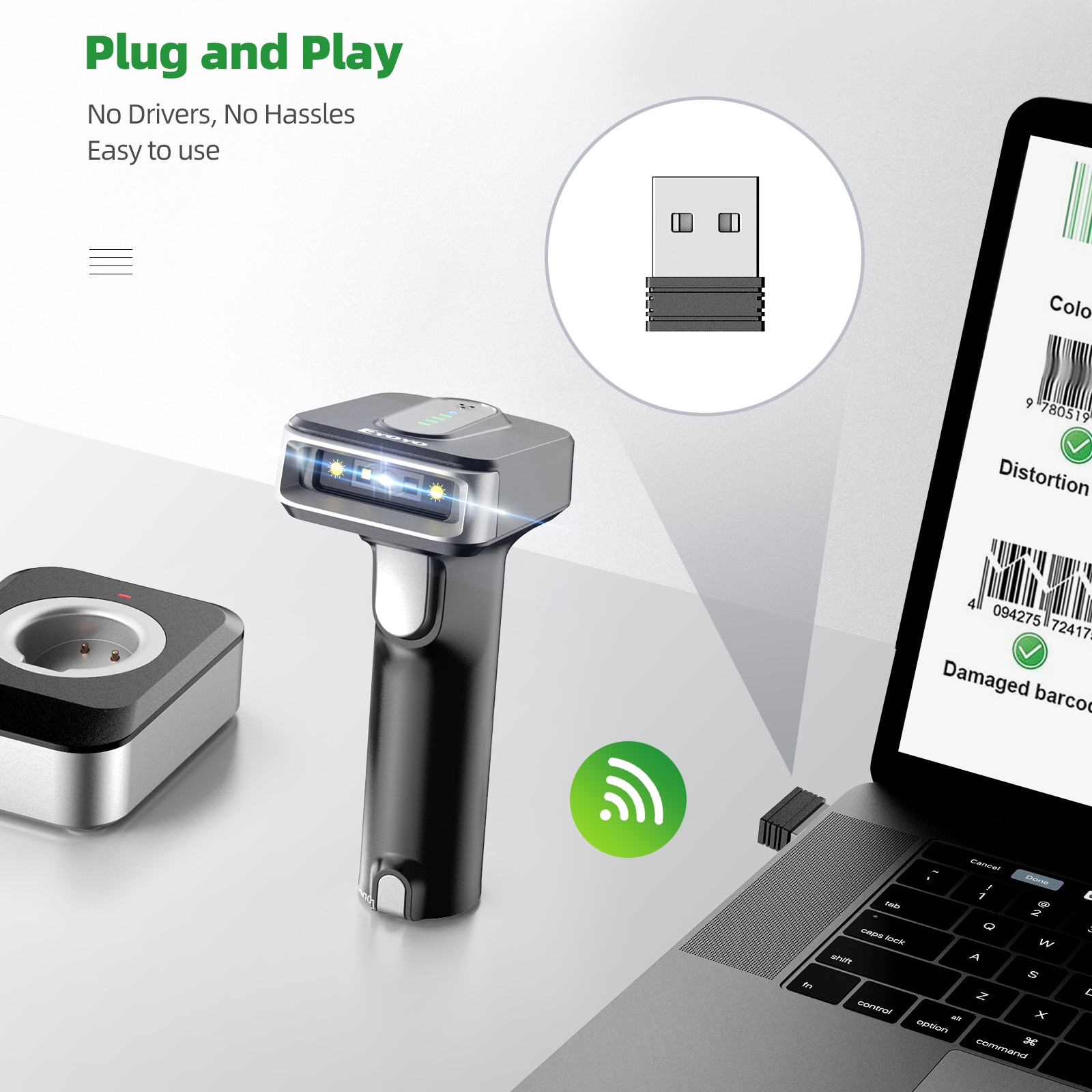 Eyoyo Auto-Sensing Screen Scanning 1D Bluetooth Barcode Scanner With 2500Mah Power Indicator Wireless 2D QR Code Reader 4-Mil