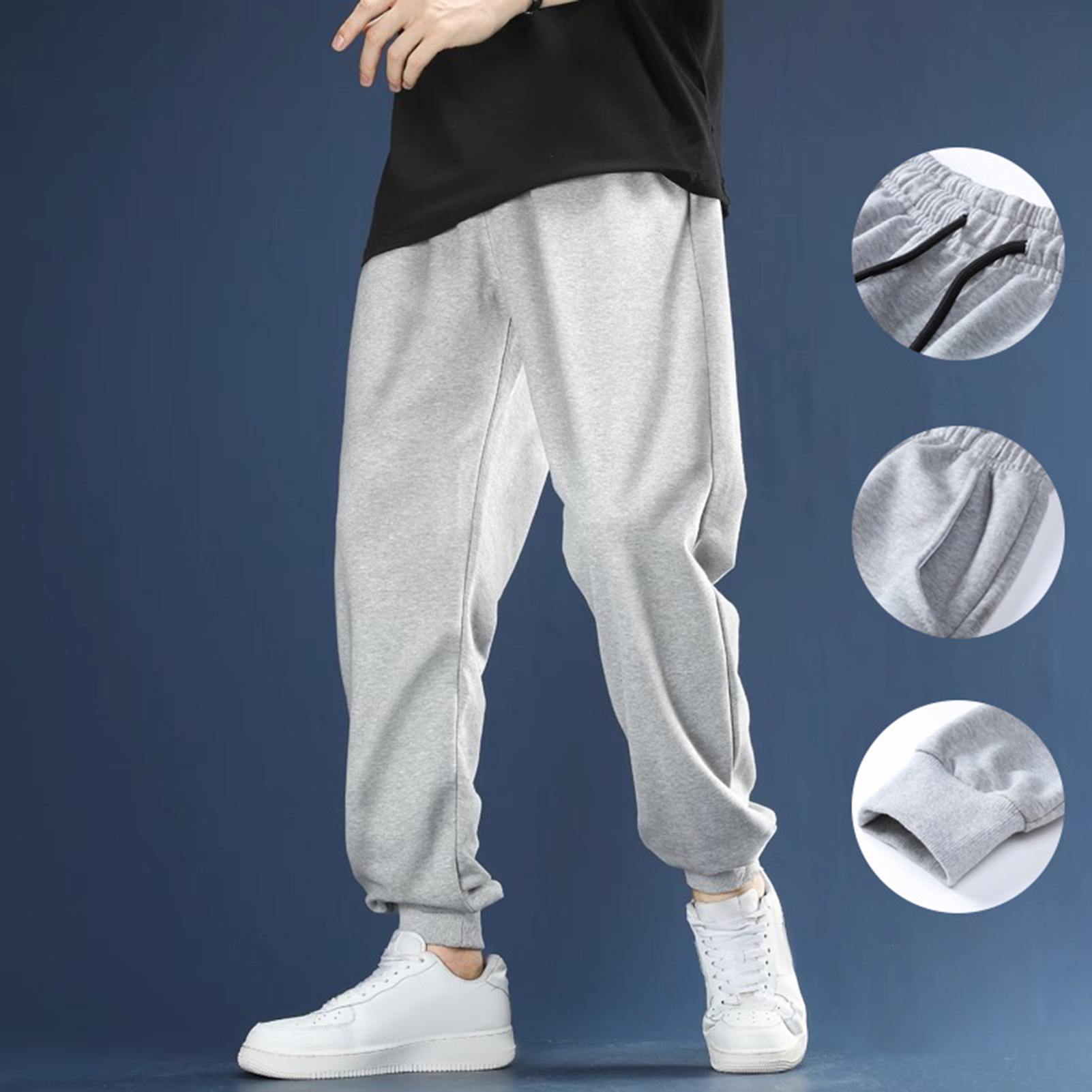 Nuoyi Solid Color Pants Men Loose Pants Men's Warm Winter Sweatpants with Elastic Waist Pockets Comfy Ankle Length Sports Trousers for Cold Seasons