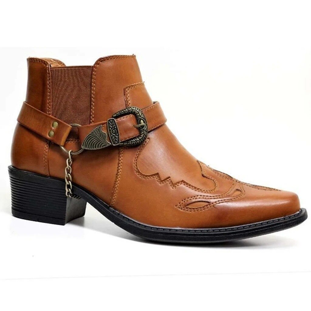 Men's Vintage Cowboy Boots Leather High Top Chain Buckle Strap Punk Shoes Pointed Toe Biker Boots Men M812