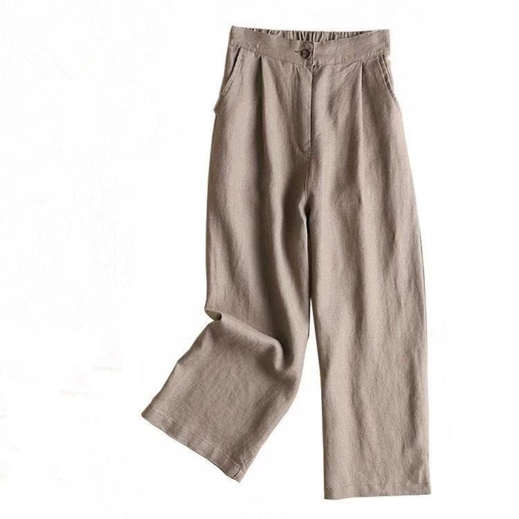 Ready Stock Solid Color Back Elastic Waist Loose Wide Leg Cotton Linen Pants