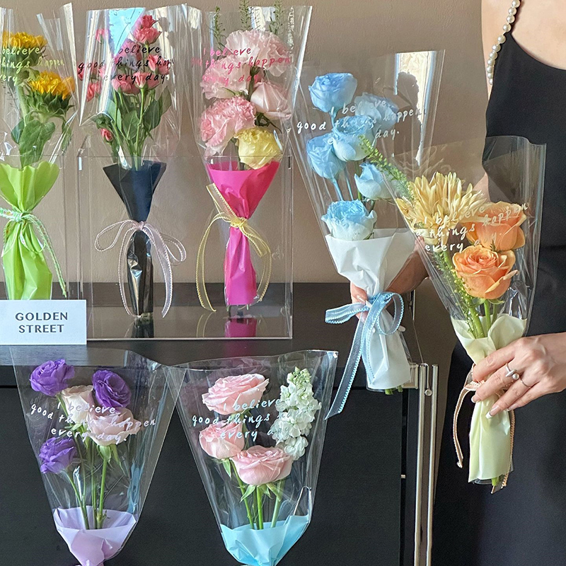 10pcs Single Rose Sleeves Flower Wrapping Bag Bouquet Packaging Bags Clear Cellophane Floral Wrappers For Valentine's Day. 